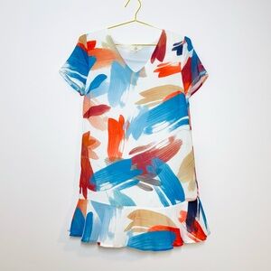 Entro Colorful Paint Swatch Short Sleeve V-Neck Ruffle Hem Mini Dress Size Small